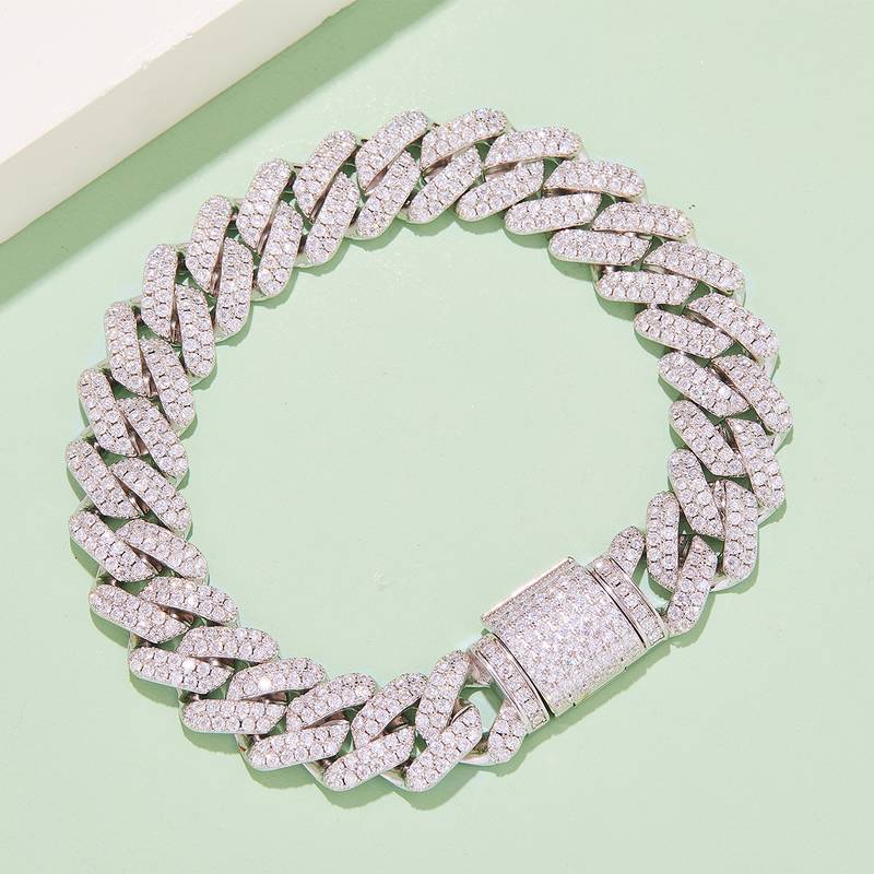 14mm宽Cuban ChainS925银镶Moissanite厘石圆形白色DVVS
